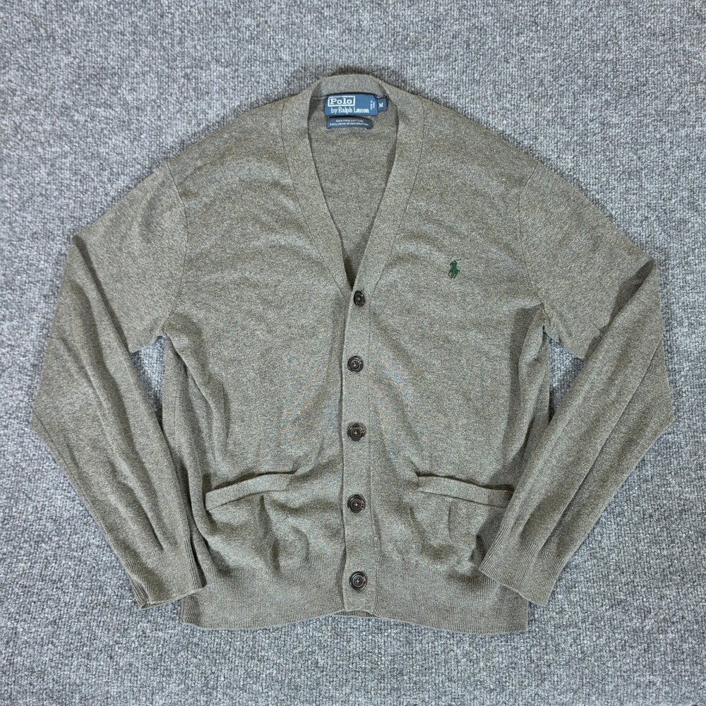 Polo Ralph Lauren Mens M Pima Cotton V-Neck Button Cardigan Sweater Olive Green